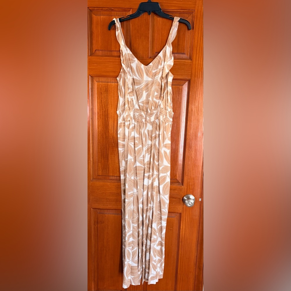 LOFT Beige & White Leaf-Pattern Jumpsuit